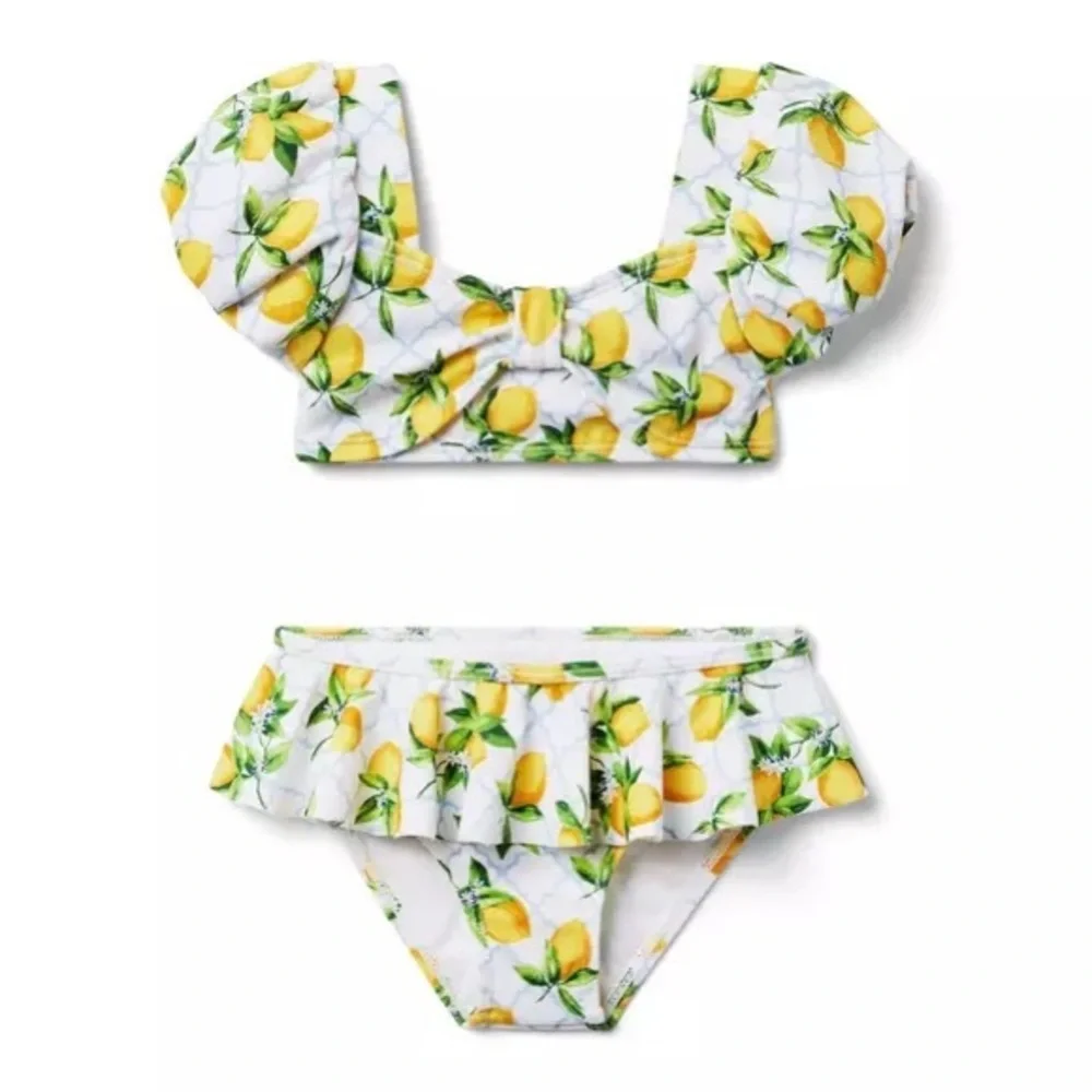 Janie & Jack Lemon Puff Sleeve bikini set Swimsuit top bottoms primrose toddler